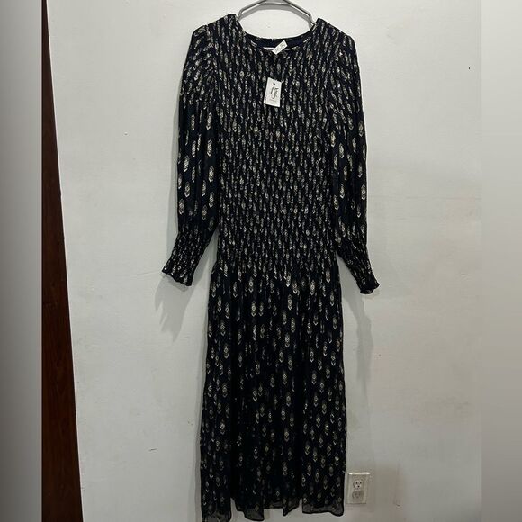 RARE NWT Loveshackfancy Navy and Gold Metallic Ikat Scarlett Silk Gown Dress - Picture 5 of 8